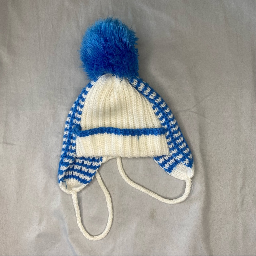 Vintage Kmart Children’s Winter Knit Ski Hat With Pom Blue‎ White 1980s